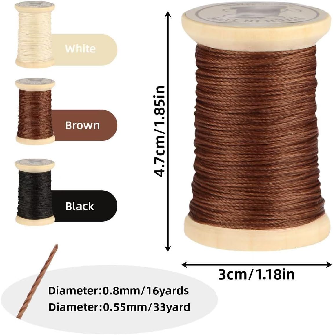 Natural Waxed Thread, 0.55mm/0.8mm, Wax Thread for Handcrafted Wrapping, Sewing, Bookbinding, Leather Threads, Beginners Craft DIY, Hemp Cord (Black/Brown/White, 0.55mm/33 Yards)