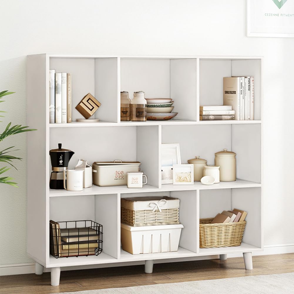 IOTXY Open Cube Low Bookcase - 3-Tier Freestanding Storage Display Cabinet Organizer with Legs for Home Office, 8-Cubes Open Shelf Short Bookshelf, White