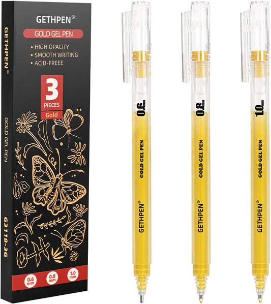 Gold Gel Pens 3-Pack - 0.6/0.8/1.0mm Fine to Bold Tips for Black Paper, Bullet Journaling & Holiday Crafts - Metallic Ink Set for Artists, Card Making & DIY Gifts