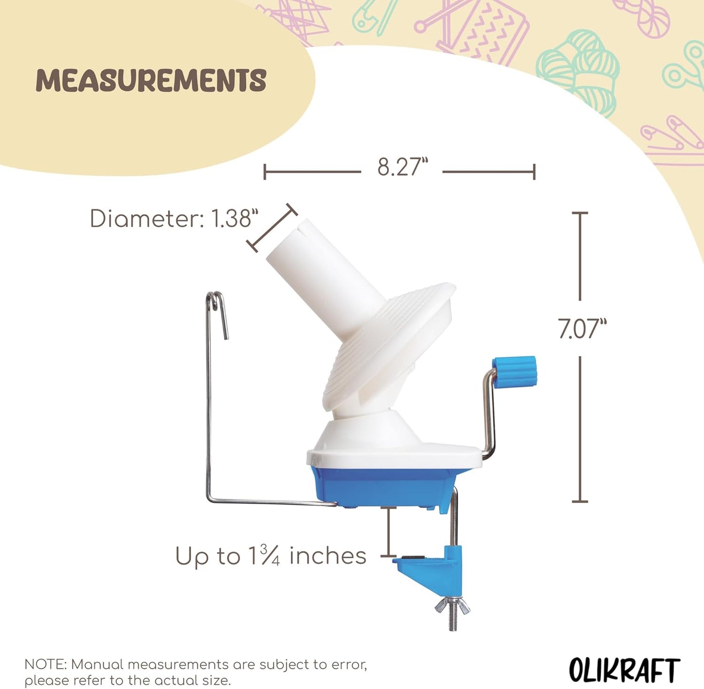 Olikraft Manual Yarn Winder | Yarn Ball Winder, Roller, Baller Crochet Spinner for Crocheting | Clamp for 1 3/4" Surfaces | Create Cakes up to 4oz