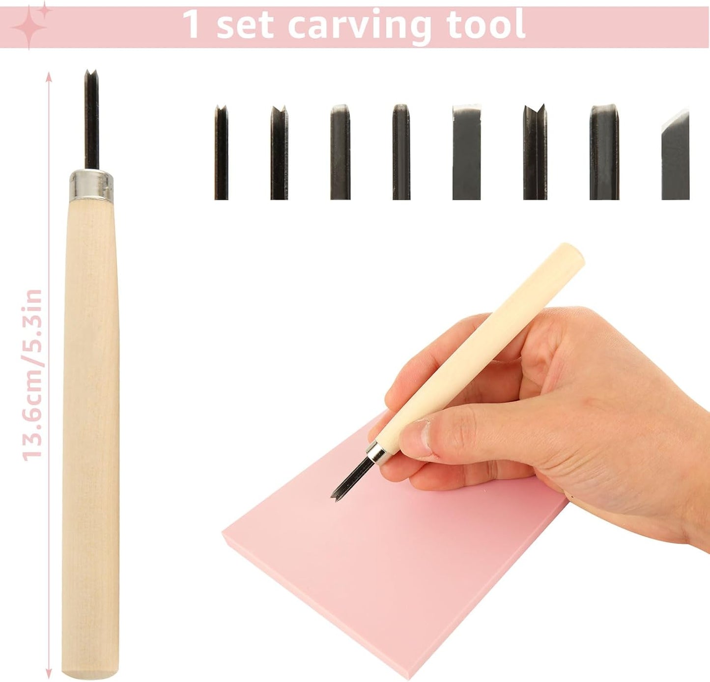 10 Pack Rubber Stamp Making Kit - Block Printing Kit，Linoleum Carving Tools with 8 Type Blades, 8 Pcs Pink Rubber Carving Block and Rubber Brayer Roller