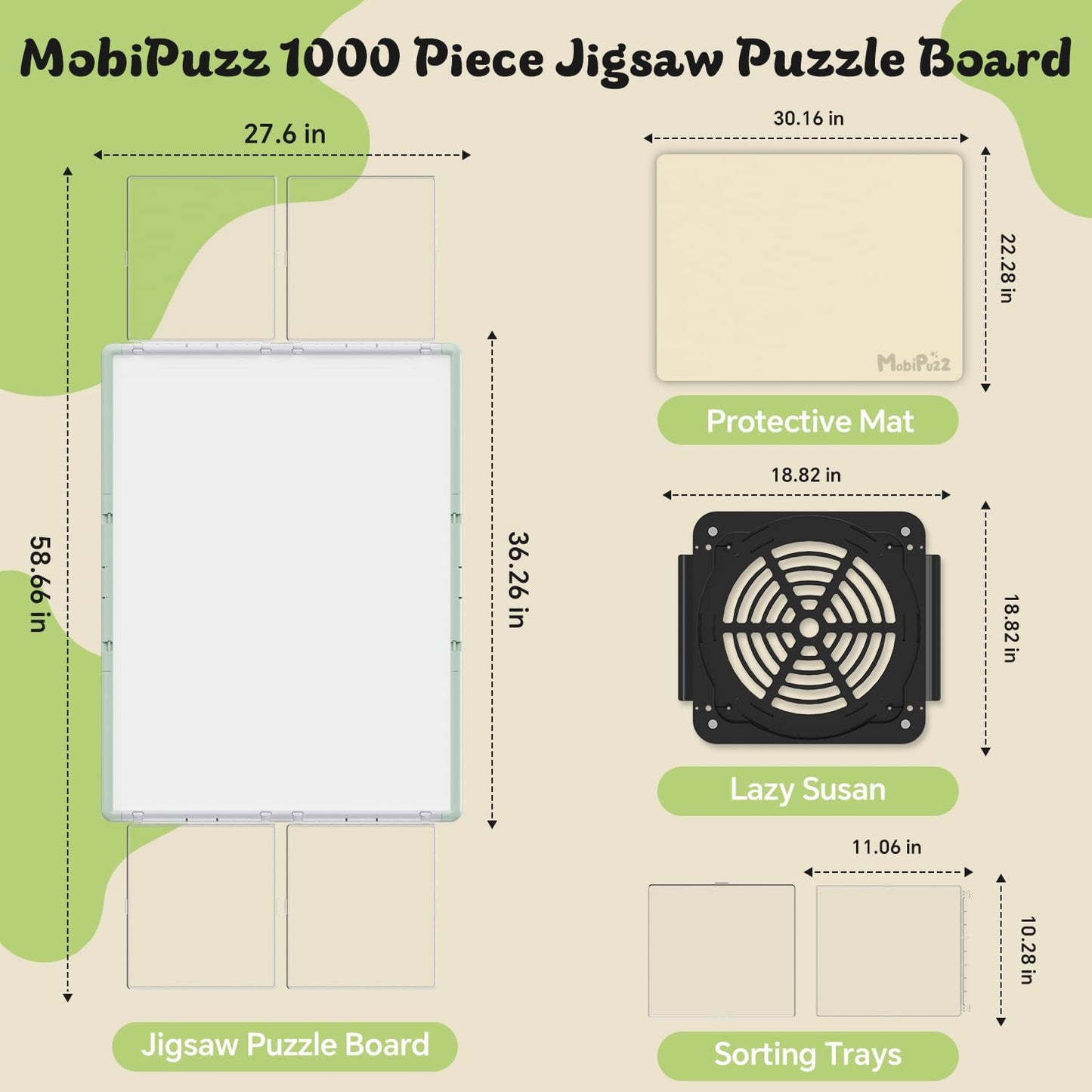 1000 Pieces Puzzle Board 3-in-1 Double-Sided & Rotating & Tilting, Plastic Puzzle Table with Sorting Boxes and PVC Cover, Portable Lazy Susan Jigsaw Puzzle Board for Adults, Gray Green