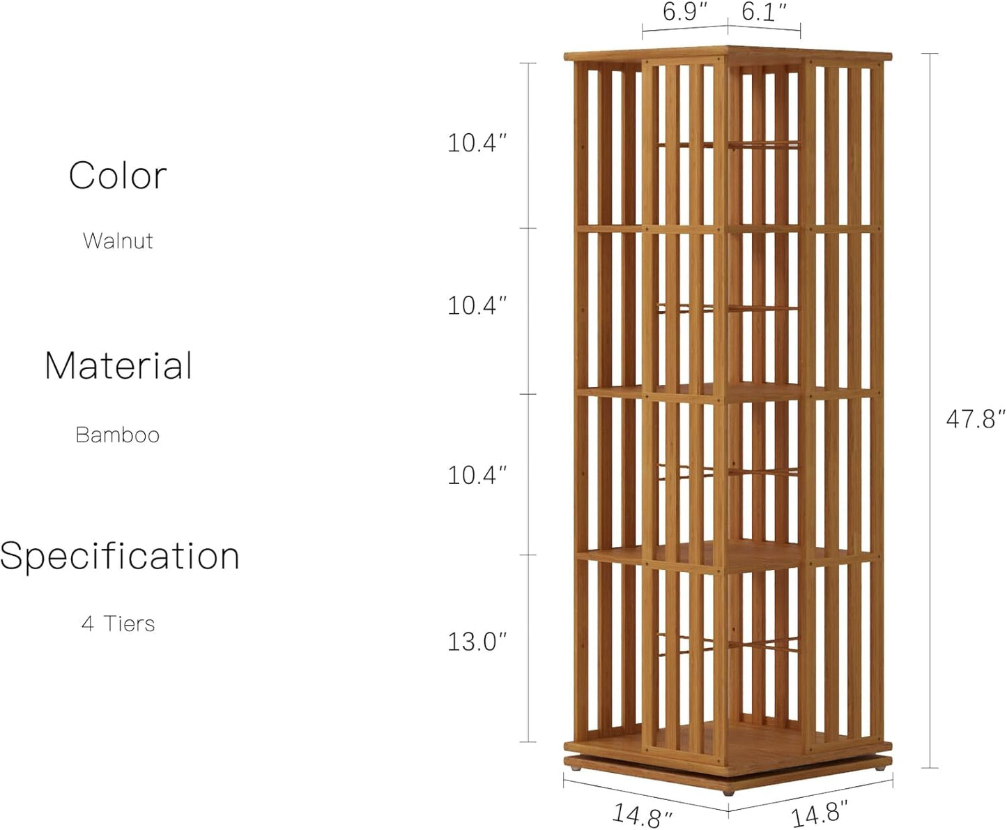 YOWOS Rotating Bookshelf Tower, 360 Display Spinning Bookcase, Bamboo Bookshelf Floor Standing Storage Rack, Wood Narrow Book Shelf Organizer for Kids&Adults (Walnut, 4 Tier)