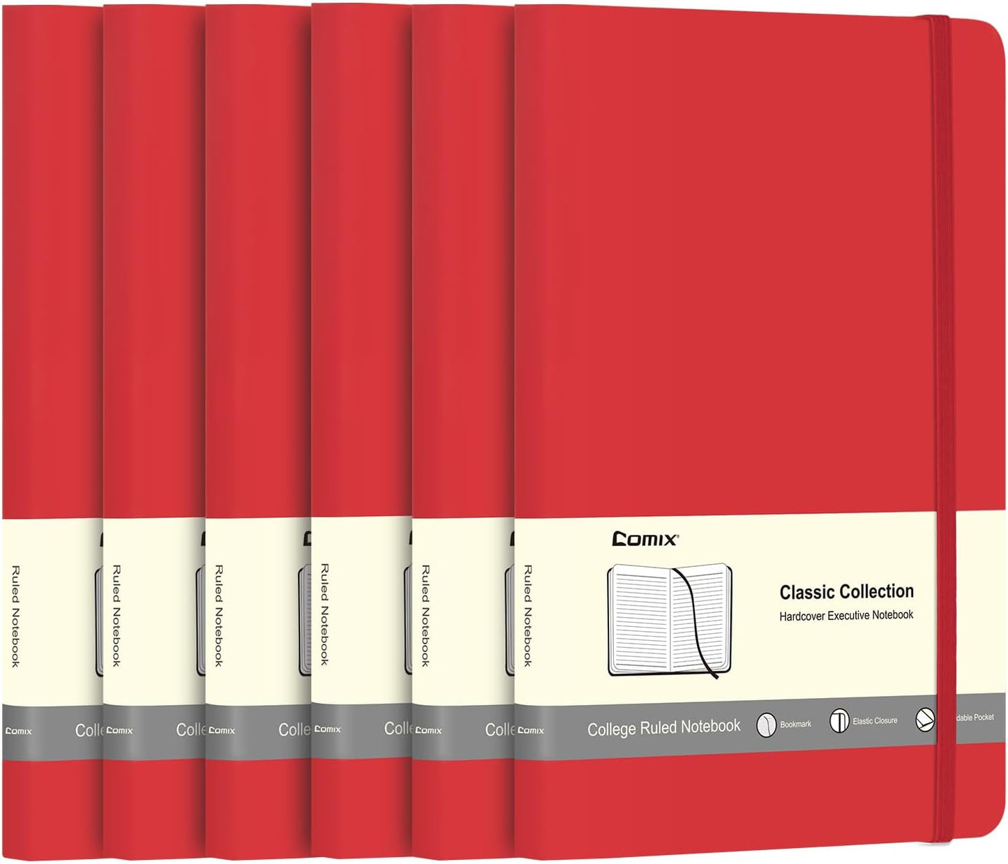 Comix 6 Pack Lined Journal Notebooks for Work, 240 Pages, 5.5"x8.3", Red, Hardcover, A5 Medium College Ruled, Journaling Notebooks for Notes-taking, Fits for Office School Home