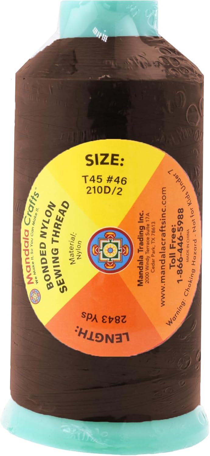 Mandala Crafts Bonded Nylon Thread Dark Brown Heavy Duty Sewing Threads - 2843 YDs Size 46 210D T45 Tex 45 Thread for Leather Jeans Weaving Outdoor Marine Upholstery Threads