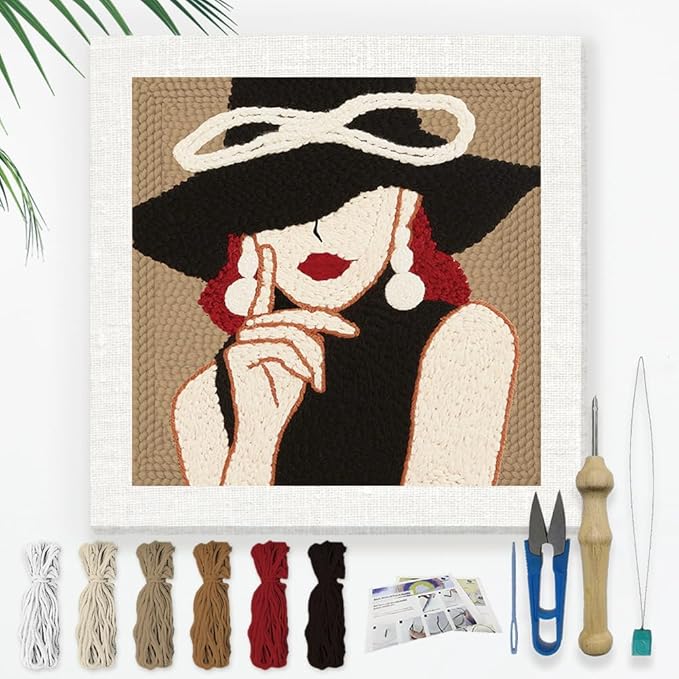 Doodlream Elegant Lady DIY Punch Needle Embroidery Kit for Adult Beginner, 9.4" Woman Wearing Hat Punch Stitching Craft Set for Starter with Frame, Fabric Pattern, Threader, Yarn, Pinch Needle