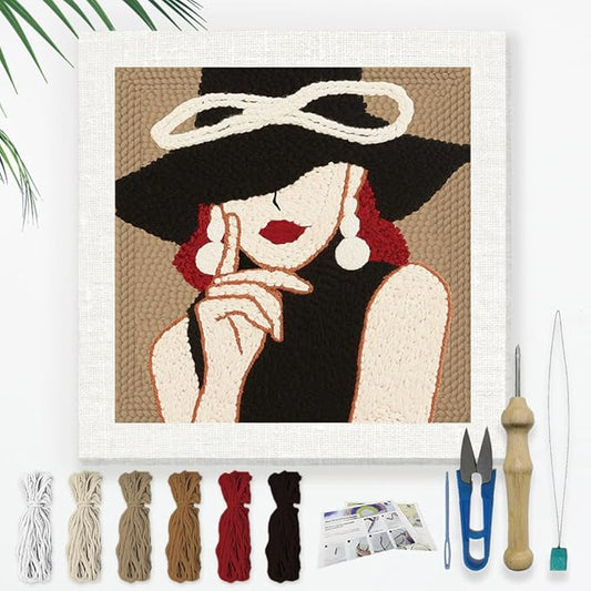 Doodlream Elegant Lady DIY Punch Needle Embroidery Kit for Adult Beginner, 9.4" Woman Wearing Hat Punch Stitching Craft Set for Starter with Frame, Fabric Pattern, Threader, Yarn, Pinch Needle