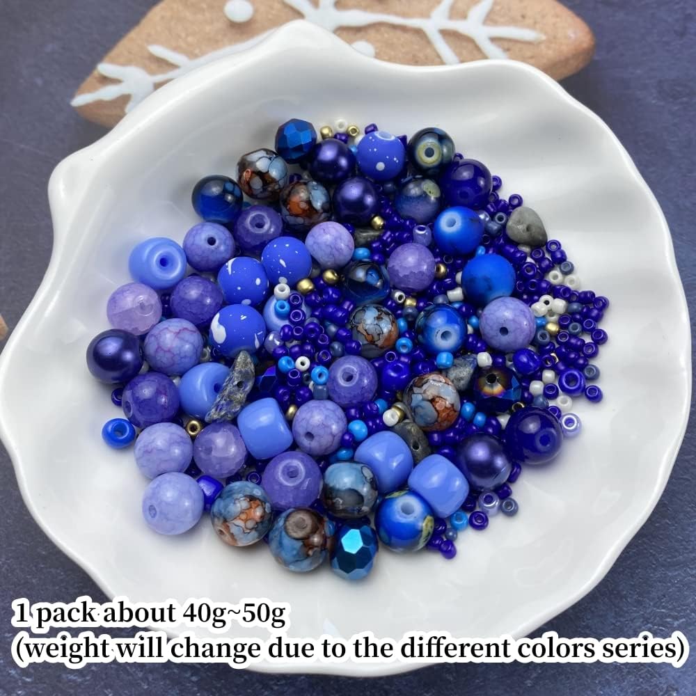 Assorted Glass Resin Beads Multi Size Colors Smooth Cracked Gravel Millet Spacer Beads for Bracelets Necklace Earring DIY Jewelry Making Craft (Deep Blue Series)