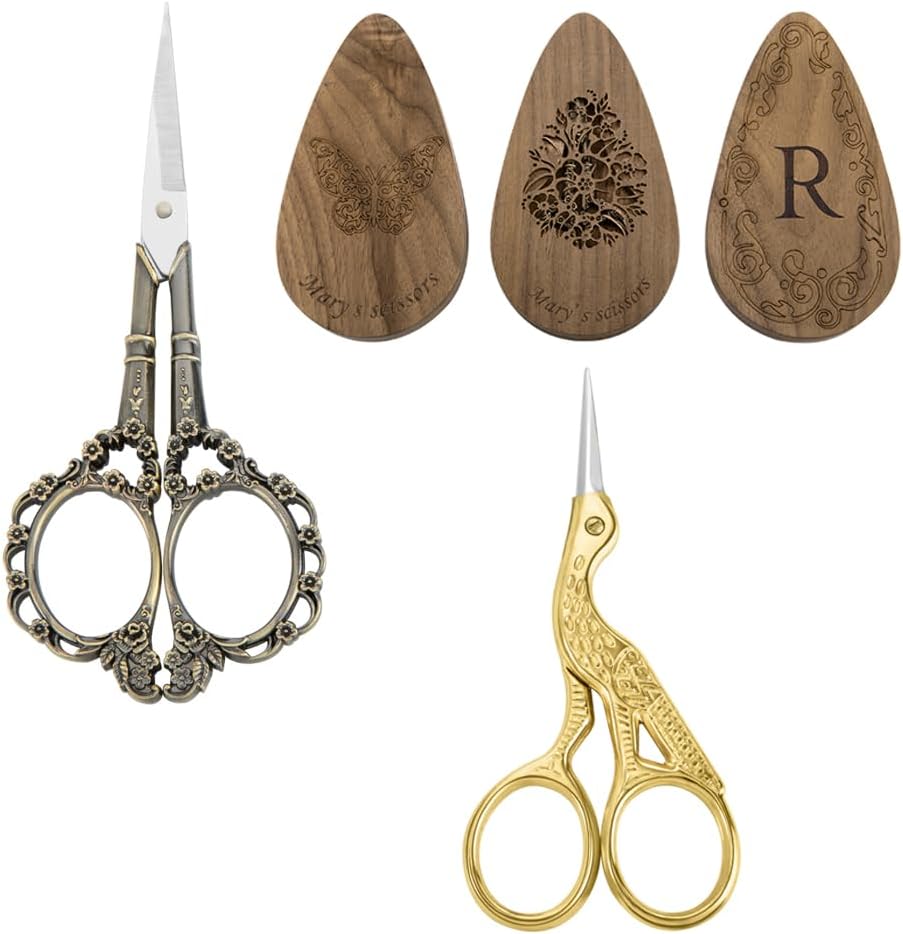 Vintage European Scissor With Customize Case Stainless Steel Personalized Engraved Name Scissor Wood Box for Cross Stitch Cutting Embroidery Sewing Handcraft Craft Art Work DIY Tool Needlework