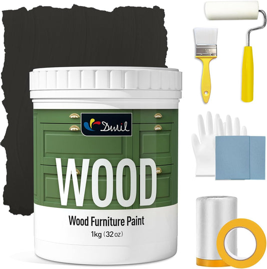 DWIL Matte Finish Furniture Paint - 32 Oz Wood Paint for Cabinets, Doors, Tables, and Dressers Refinishing - Water-Based, Non-Toxic & Odorless, Easy to Apply(Black)-With Tools
