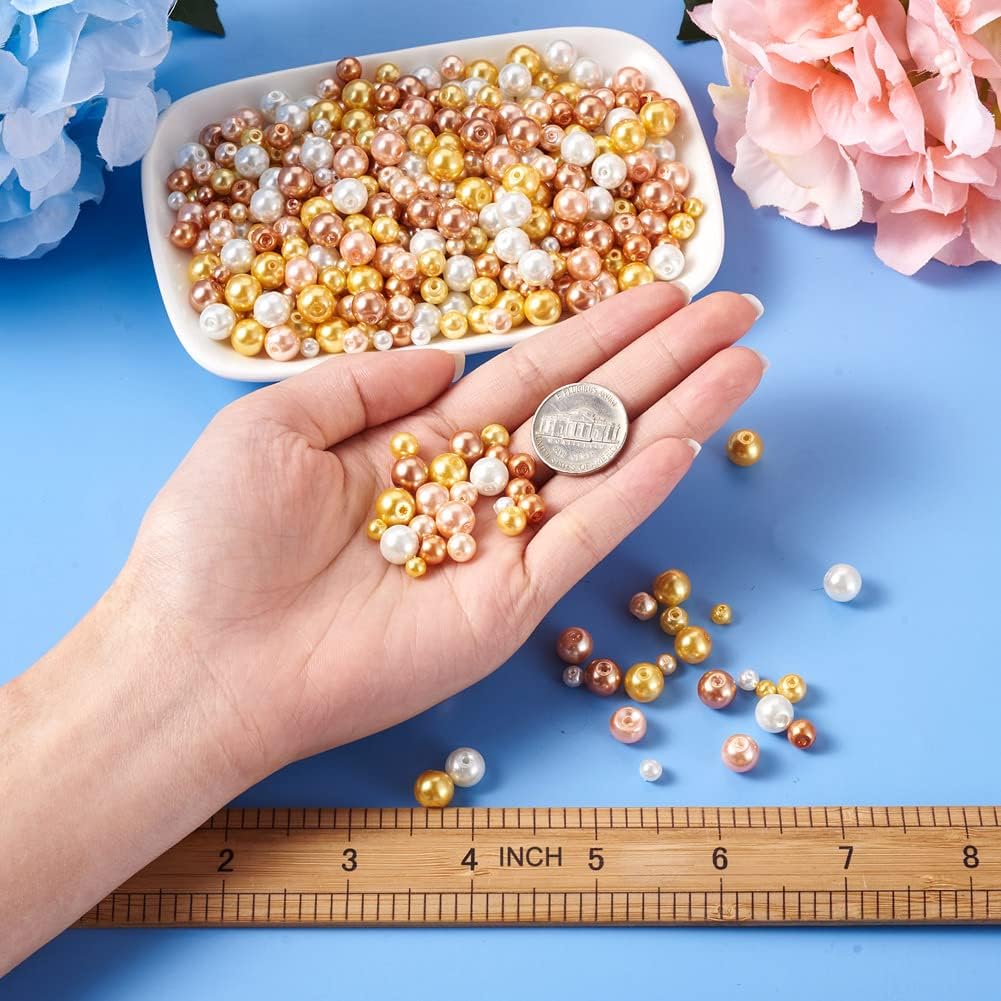 About 1695Pcs 4/6/8mm Glass Pearl Beads Pearlized Beads Multi Colors Round Spacer Beads for DIY Craft Jewelry Making Hole: 1mm, Mixed Gold
