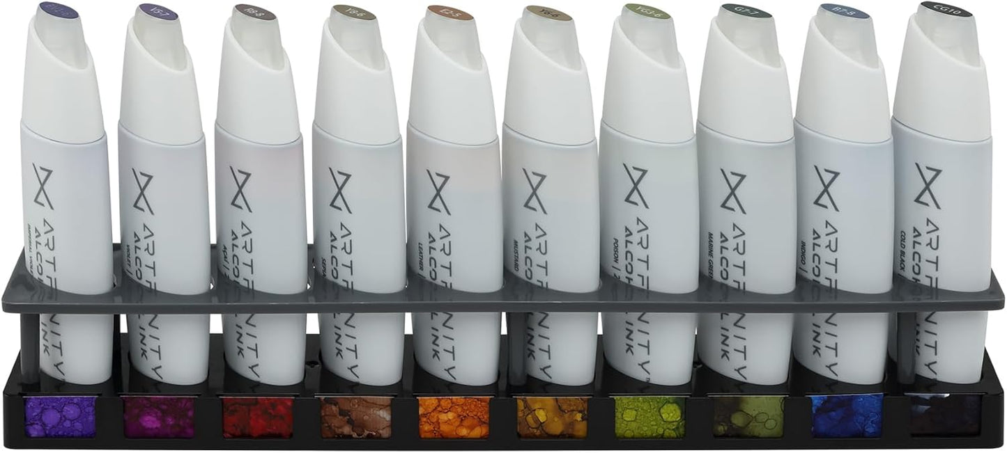 Artfinity Alcohol Ink Devastating Beauty Set of 10 Colors (25 ml) with Free Acrylic Stand - for Painting or Alcohol Marker Refill Ink, Acid-Free, Fast-Drying, Permanent, Transparent, Swatch Template