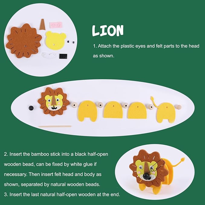 Animals Craft Kit - Educational Toys for Kids, Felt Craft Kit Including 6 Wild Friends, Elephant Zebra Panda Lion Raccoon Giraffe, DIY Activity Birthday Gifts for Boys & Girls Ages 3 4 5 6 and Up