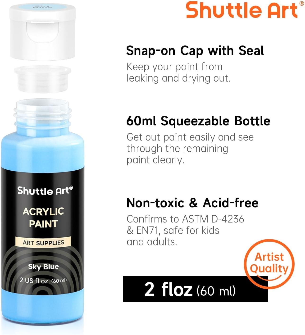 Shuttle Art Acrylic Paint, 42 Colors Acrylic Paint Set with 12 Brushes, 2oz/60ml Bottles, Rich Pigmented, Water Proof, Premium Paints for Artists, Beginners and Kids on Canvas Rocks Wood Ceramic