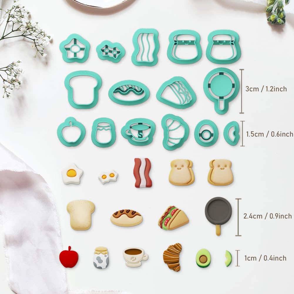 ACRNIGHEET Polymer Clay Cutters - 15 Shapes Food Breakfast Bread Theme Polymer Clay Cutters for Jewelry, Cute Earring Making Kit with Storage Box