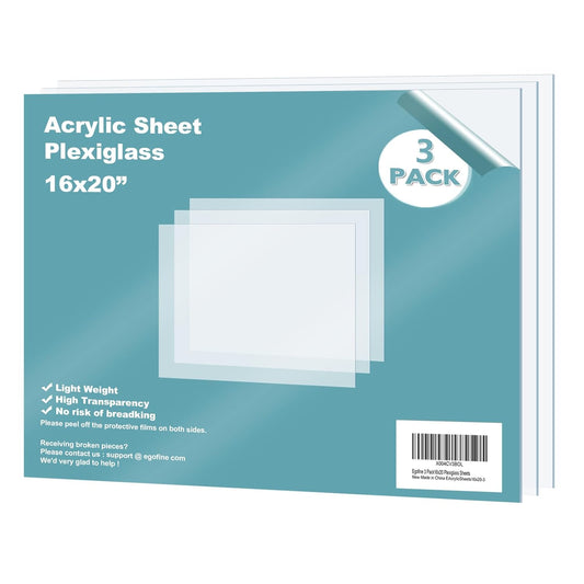 Egofine Plexiglass Sheets Acrylic Sheets 3 Pack of 16x20’’ 0.04 Thick Clear Plastic Cast Transparent Plexi Glass for Crafting Projects, Replacement Picture Frame Glass, DIY Display, Easy to Cut