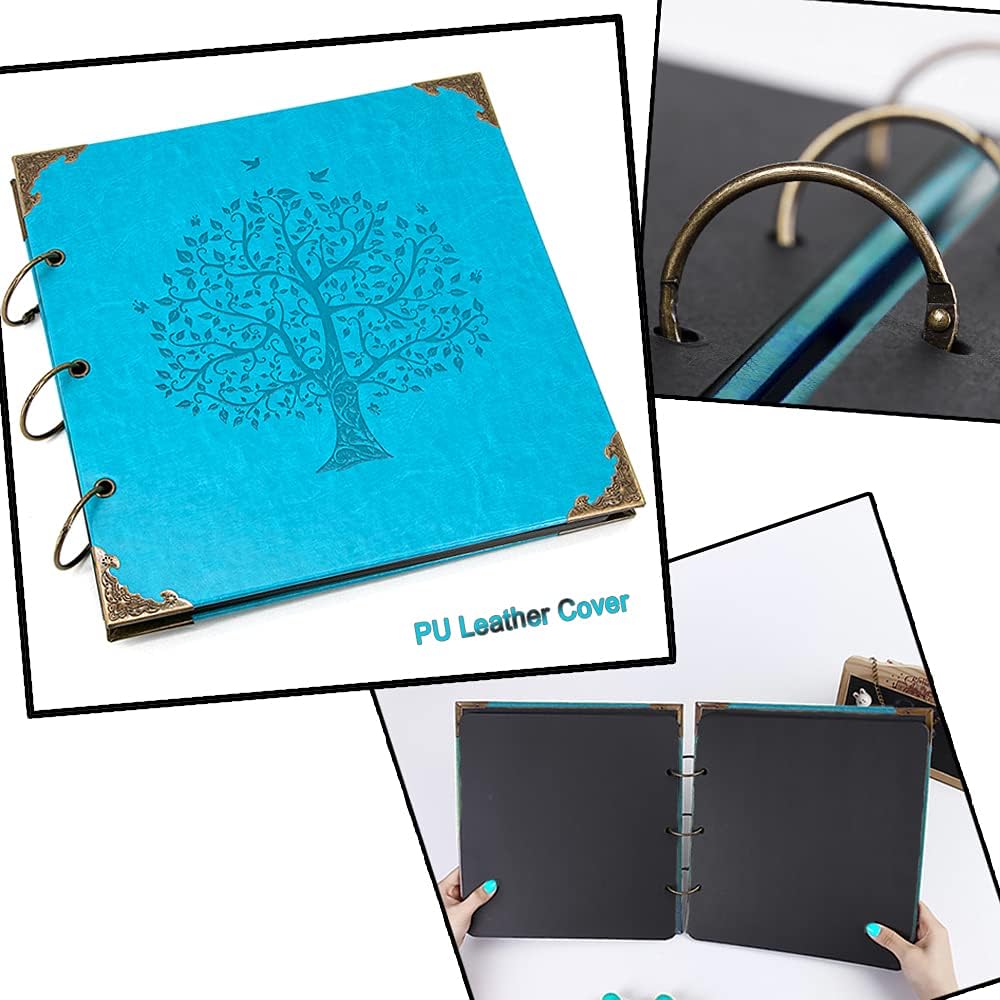 Photo Album DIY Scrapbook, 10x10 inch 50 Pages Vintage Leather Cover Three-Ring Binder Picture Booth Albums + 9 Colors 408pcs Self Adhesive Photos Corners for Memory Keep (Family Tree, Cyan)