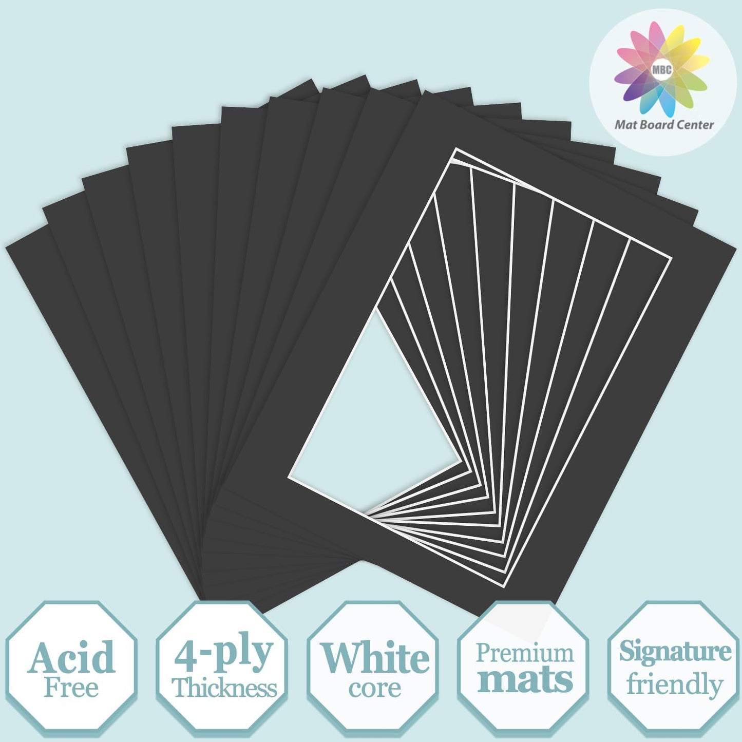 MBC Mat Board Center, 10 Pack 11X14 for 8X12 Black Picture Mats Frame Mattes, Bevel Cut, Acid Free, 4-Ply Thickness