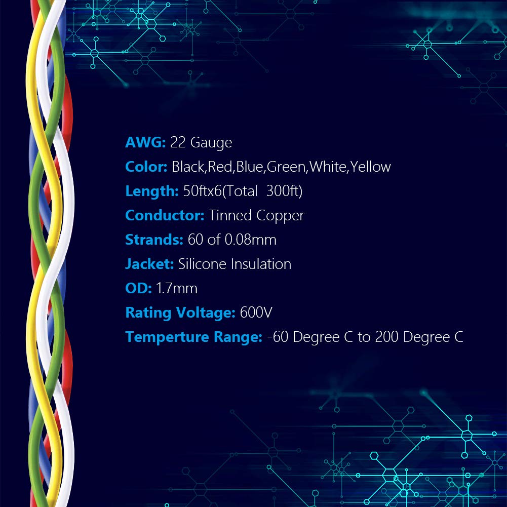Fermerry 22 AWG Stranded Wire Spool 50ft Each 6 Colors Flexible 22 Gauge Silicone Hook up Wire Kit Electrical Tinned Copper Wire