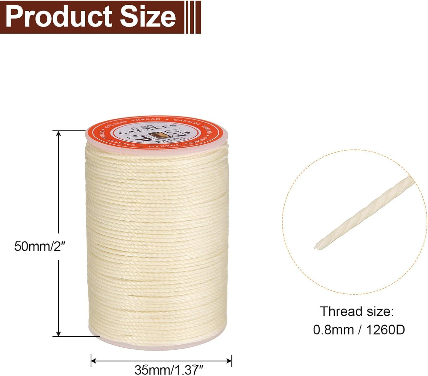 uxcell Round Leather Sewing Waxed Thread, 55m / 60 Yards Polyester Wax String, 0.80mm Wax Stitching Cord for Leather Crafts, Bookbinding, Bracelets Braided, Light Beige, 2pcs