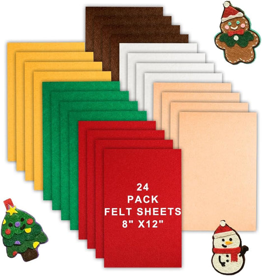 24 Pcs Felt Sheets for Crafts, 8 X 12 Inch Christmas Red Yellow White Fabric, 1mm Thick A4 Stiff Sheets for Patchwork