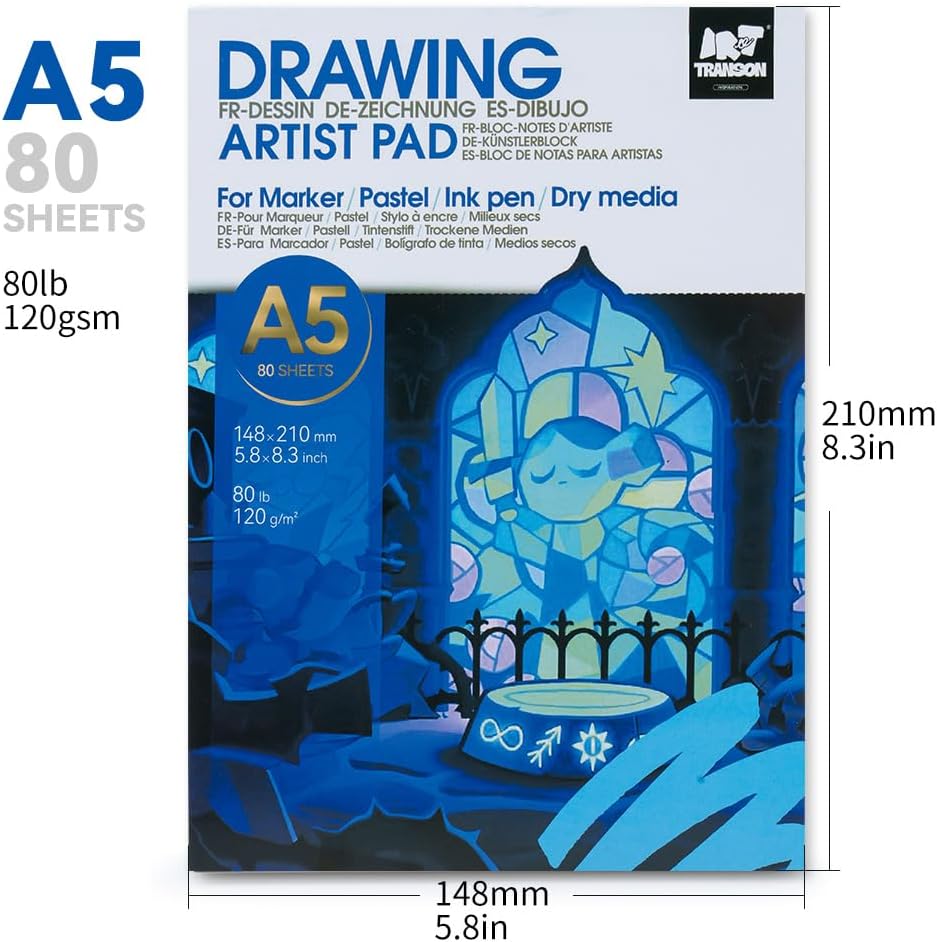 TRANSON Artist Mix Media Sketchbook Marker Pad, 5.8”x8.3” 80 Sheets A5 Art Papers, 80lb/120gsm for Painting, Drawing and Sketching