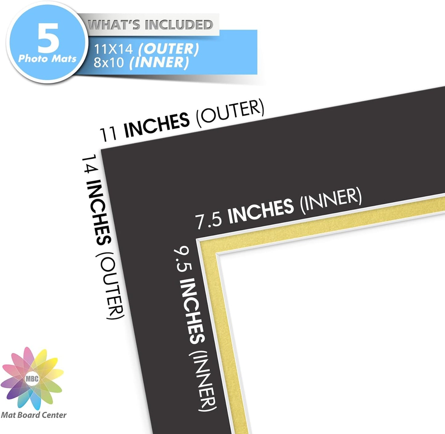 Mat Board Center, Double Mat - Acid Free, 8-ply Thickness, White Core - for Pictures, Photos, Framing (Black Over Gold, 11x14 for 8x10, Pack of 5)