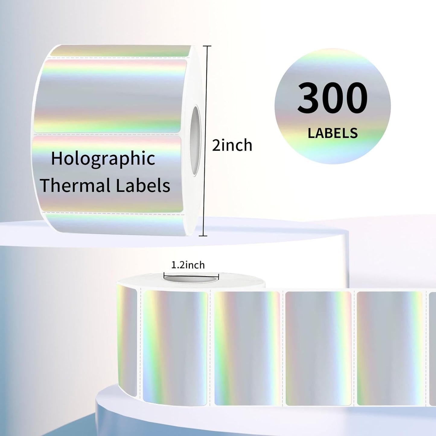 Direct Thermal Label 2x1 Inch- Barcode Labels- Holographic Thermal Sticker Labels for Address, Shipping, Compatible with Rollo Label Printer & MUNBYN& Zebra (300 Labels/Silver)