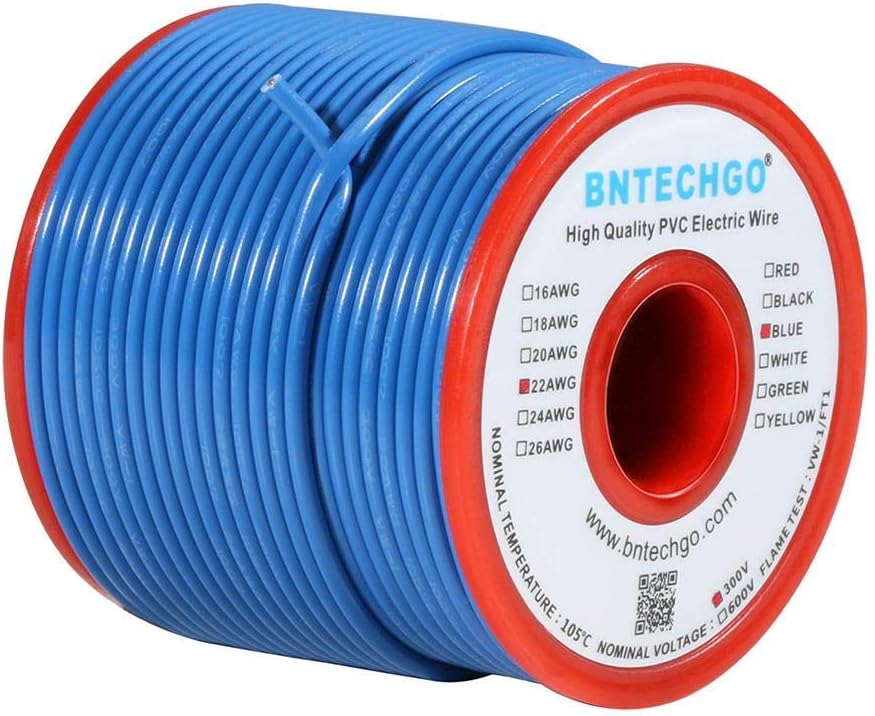 BNTECHGO 22 Gauge PVC 1007 Solid Electric Wire Blue 100 ft 22 AWG 1007 Hook Up Tinned Copper Wire