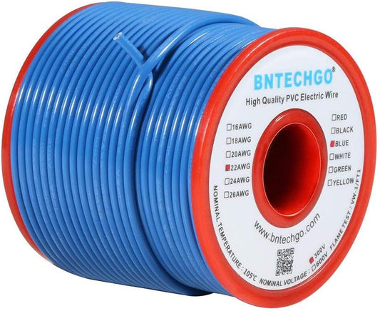 BNTECHGO 22 Gauge PVC 1007 Solid Electric Wire Blue 100 ft 22 AWG 1007 Hook Up Tinned Copper Wire