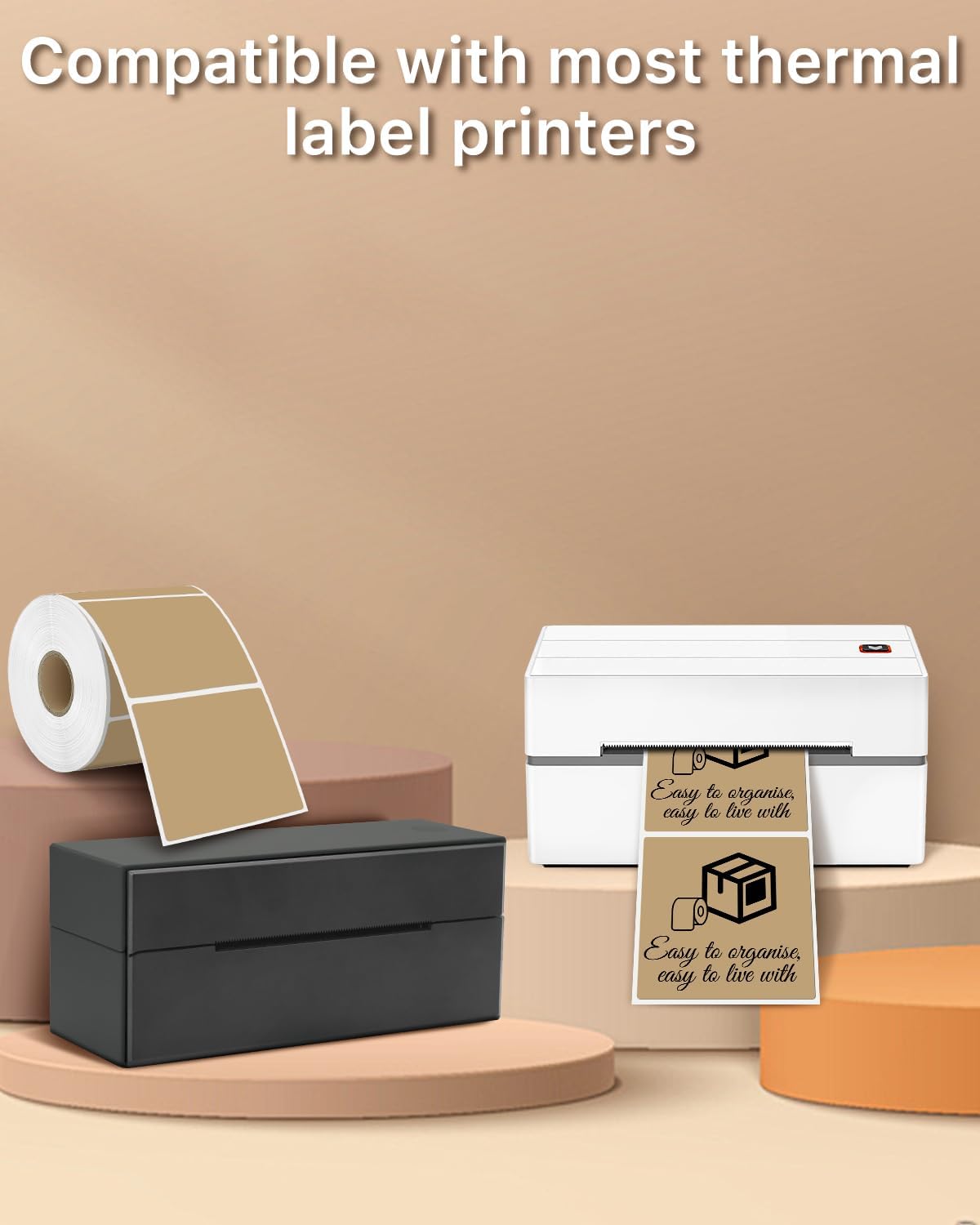 iEager Brown Square Thermal Label Stickers, 3" x 3" Self-Adhesive Square Direct Thermal Labels with Perforation Line, 500 Sheets/Roll