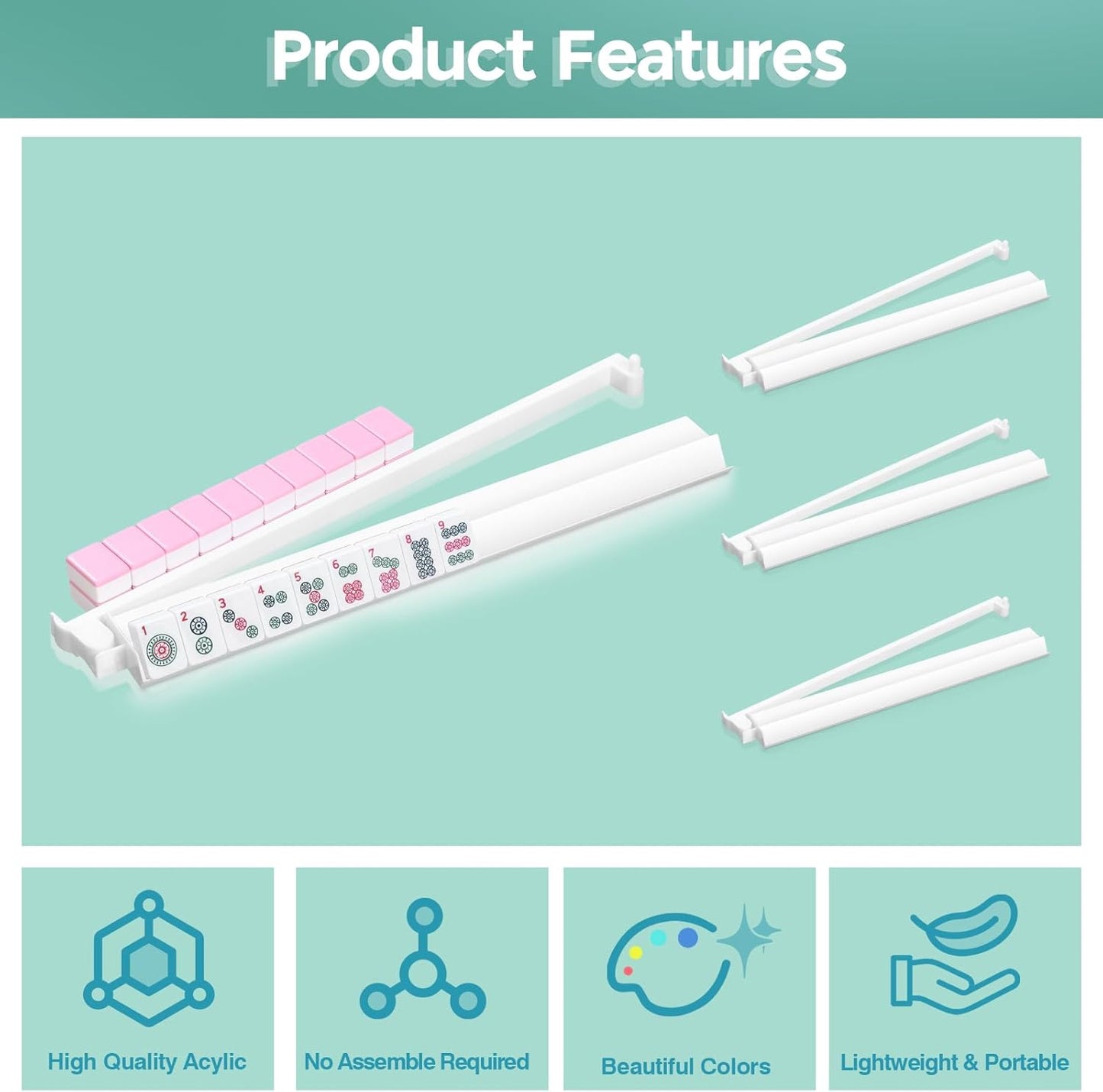 Mahjong Racks with Pushers Set of 4, Mahjong Tile Pushers and Racks, Acrylic Majiang Tile Holders Accessories (White)