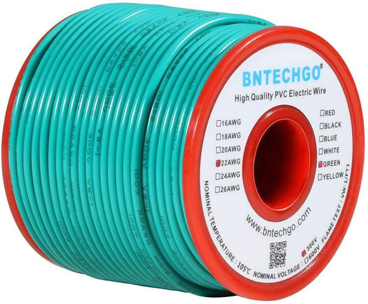 BNTECHGO 22 Gauge PVC 1007 Solid Electric Wire Green 100 ft 22 AWG 1007 Hook Up Tinned Copper Wire