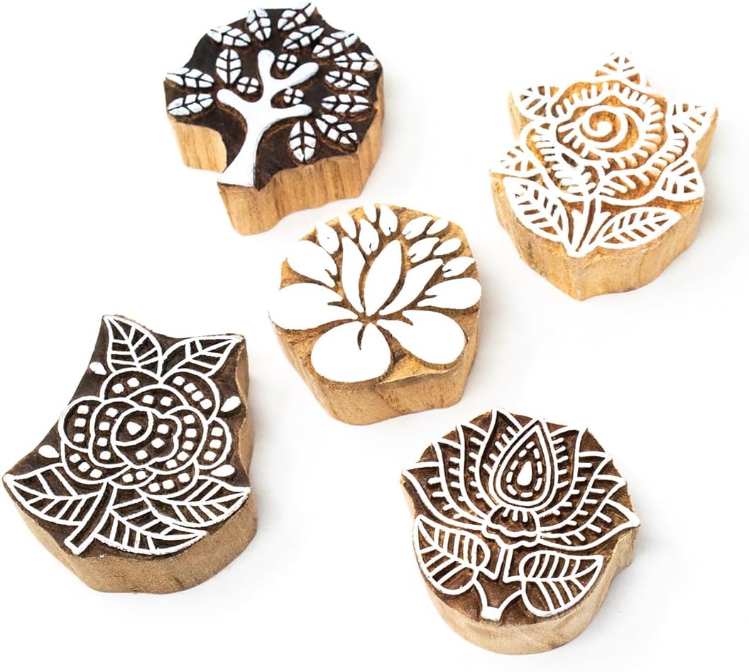 Floral Wood Printing Stamp Block for Printing Saree Border Dresses Craft Card Making Scrapbook Clay Pottery (Set of 5) Hashcart®