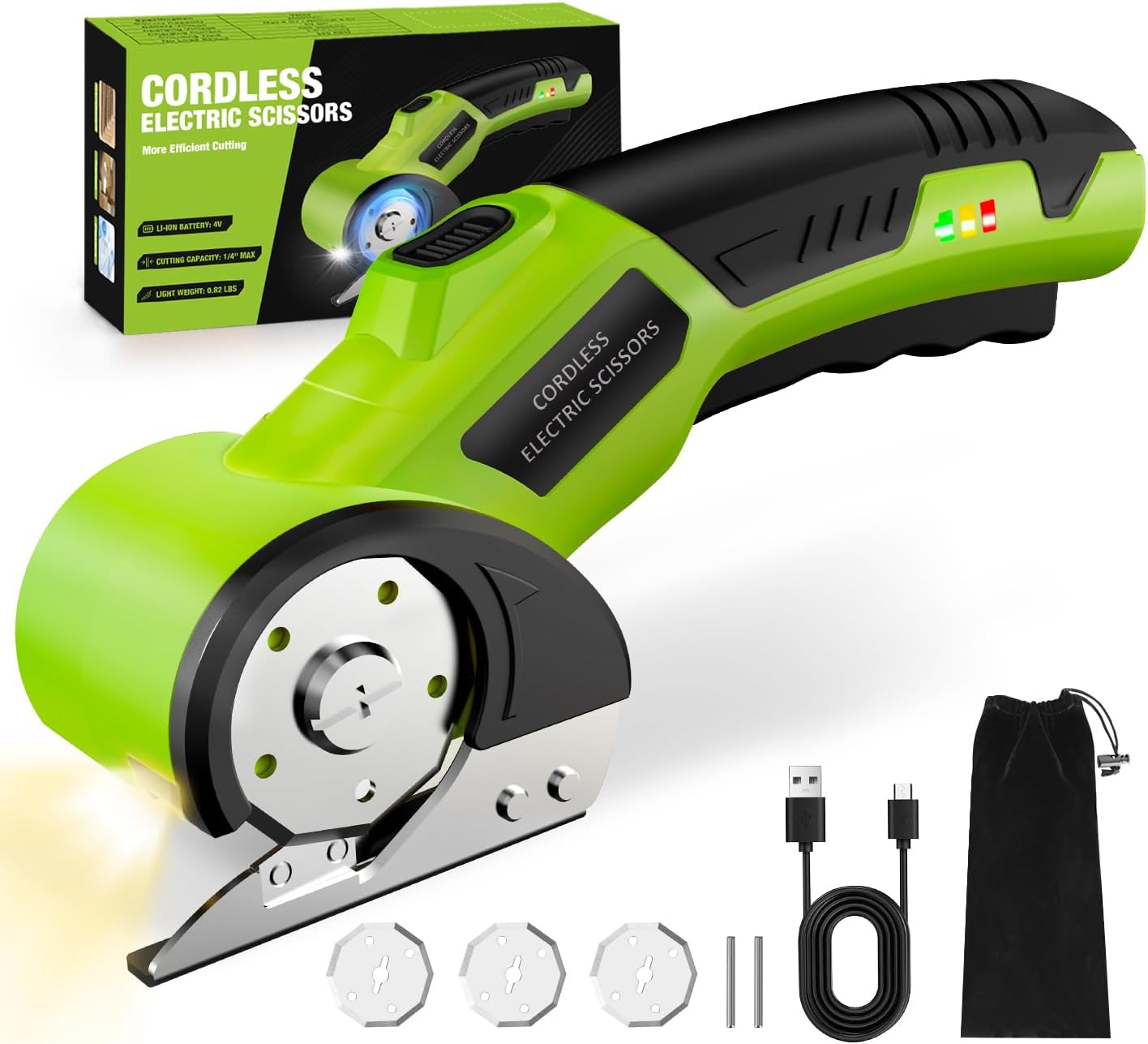 Cordless Electric Scissors：4V Rechargeable Cardboard Cutter, 3 Blades, Safety Lock & LED Light, Box Cutter for Carton Carpet Plastic Fabric Leather (Green)