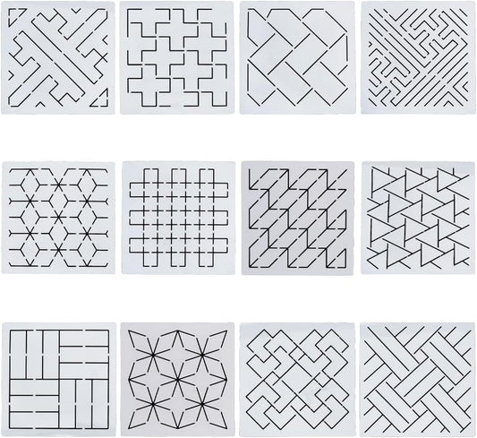 FREEBLOSS Sashiko Embroidery Stencils Sashiko Stencil Geometric Embroidery Patterns Stencils for Drawing Sashiko Template for Hand Quilting and Embroidery14x14cm