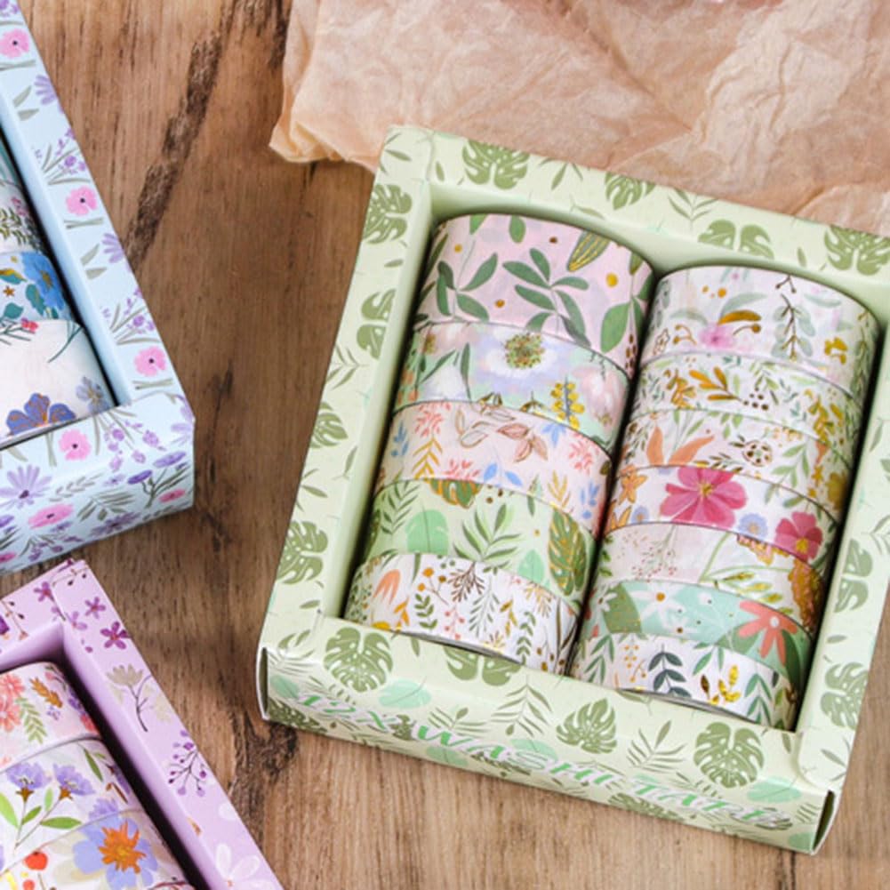 MAFELOE 2 Meters Long 12 Rolls Washi Tape Set, Decorative Adhesive Supplies for Scrapbook Journaling Junk Bullet Art Collage-Floral Print Series-Green (HZ-3Y-SHMJ-01)