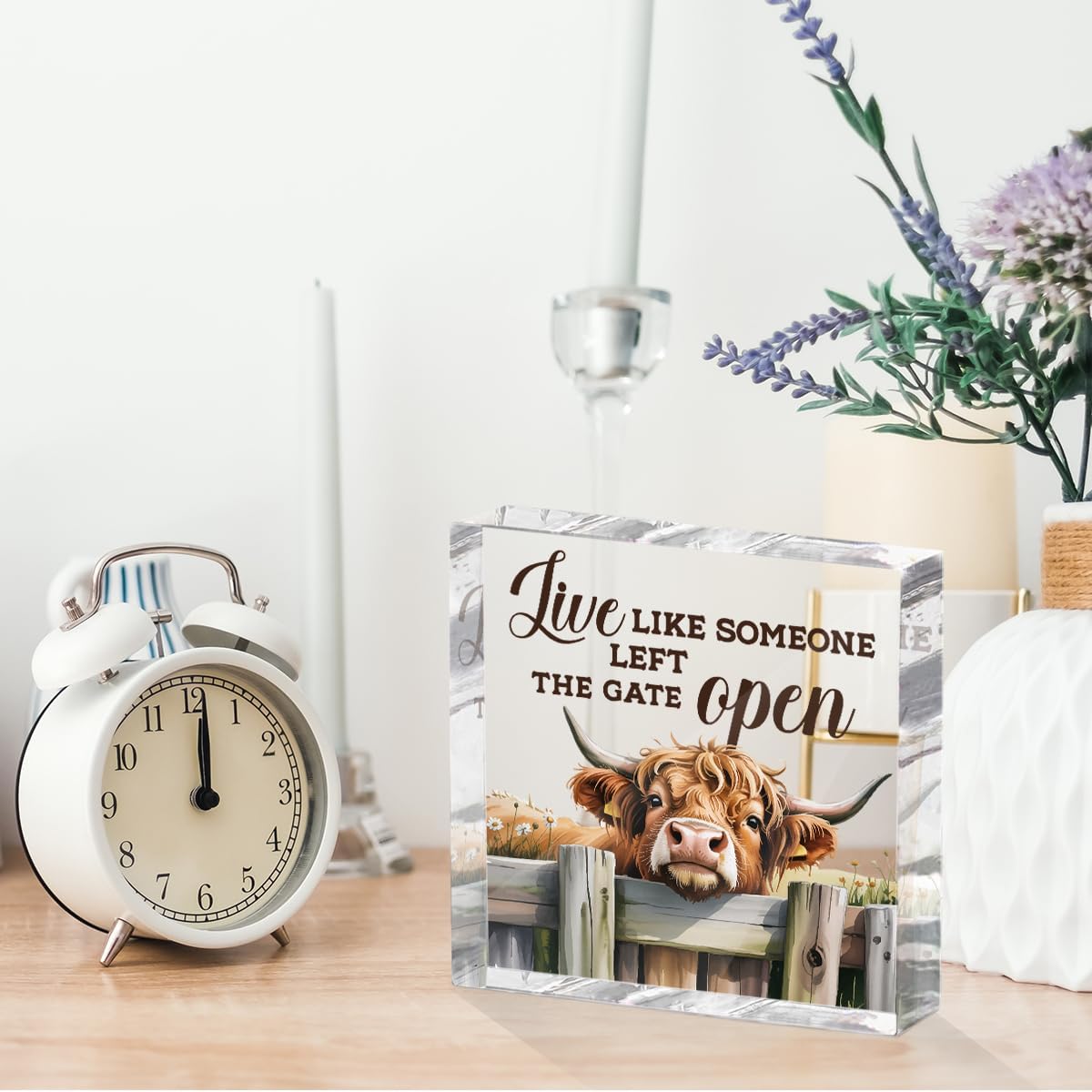 Cute Cow Decorative Signs, Rustic Western Animal Office Desk Decor Acrylic Sign 4x4 Inch, Desk Accessories Signs for Bathroom Cubicle Farmhouse Kitchen, Cow Gifts for Women Friend