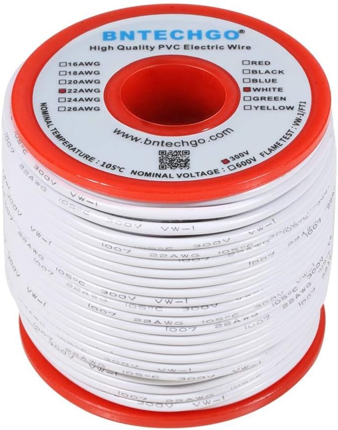 BNTECHGO 22 Gauge PVC 1007 Solid Electric Wire White 100 ft 22 AWG 1007 Hook Up Tinned Copper Wire