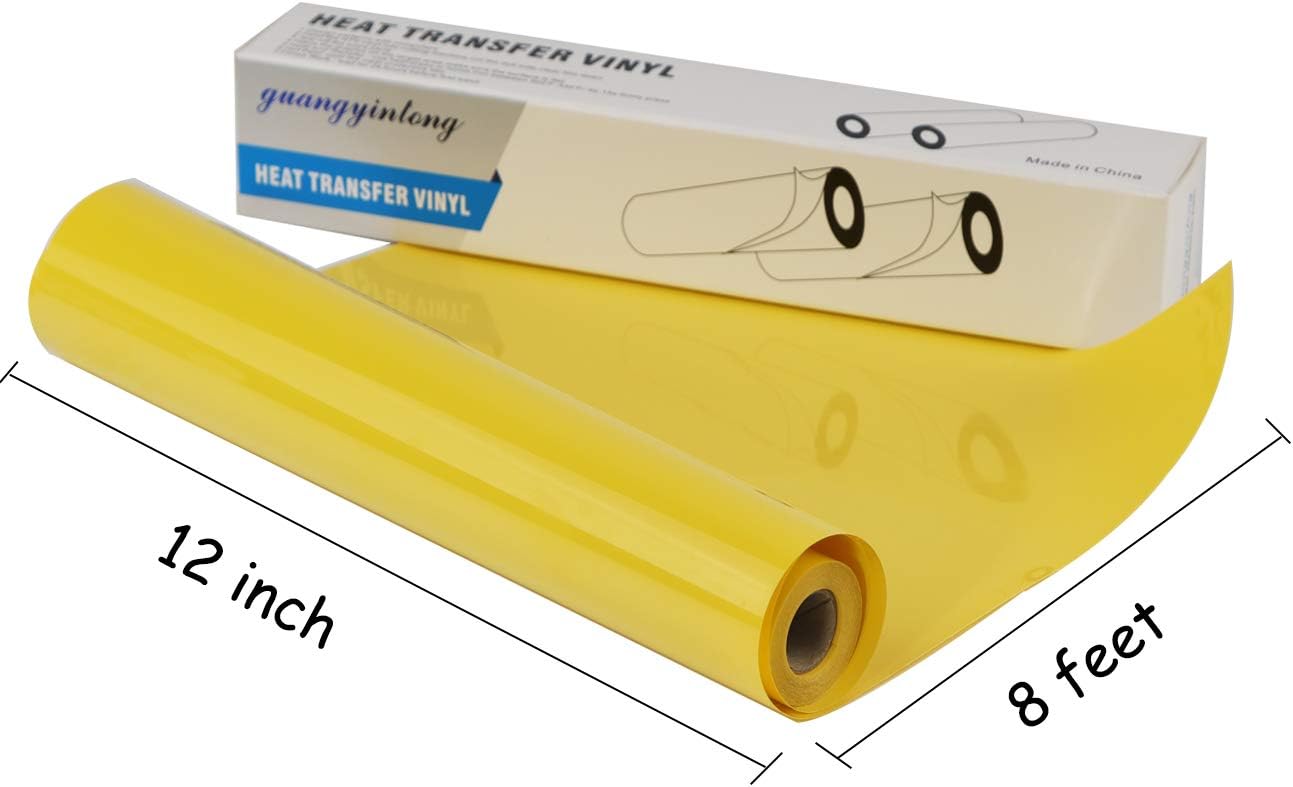 Guangyintong Yellow Heat Transfer Vinyl HTV Rolls, 12" x 8ft Glossy Surface Iron on Vinyl for T-Shirts, Easy to Cut & Weed for Heat Vinyl Design