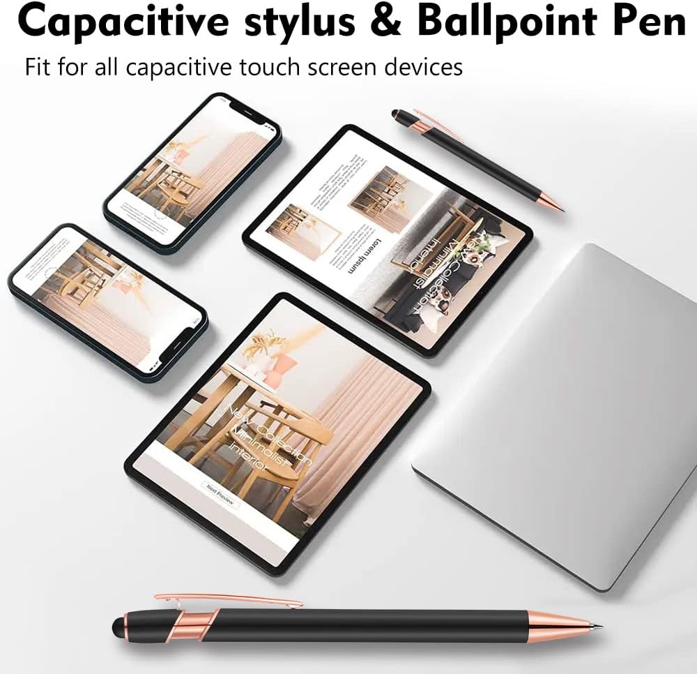 12 PCS 2 in 1 Stylus Ballpoint Pen with Stylus Tip, 1.0 mm Black Ink Metal Pen Stylus Pen for Touch Screens (Rose Gold & Red)