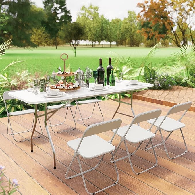 6ft Portable Folding Table Heavy Duty – White Plastic Picnic Party Table with Handle for Camping, Backyard BBQ, Vendor Events, Christmas Use