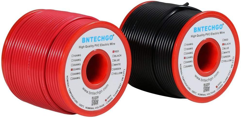 BNTECHGO 22 Gauge PVC 1007 Solid Electric Wire Red and Black Each 100 ft 22 AWG 1007 Hook Up Tinned Copper Wire