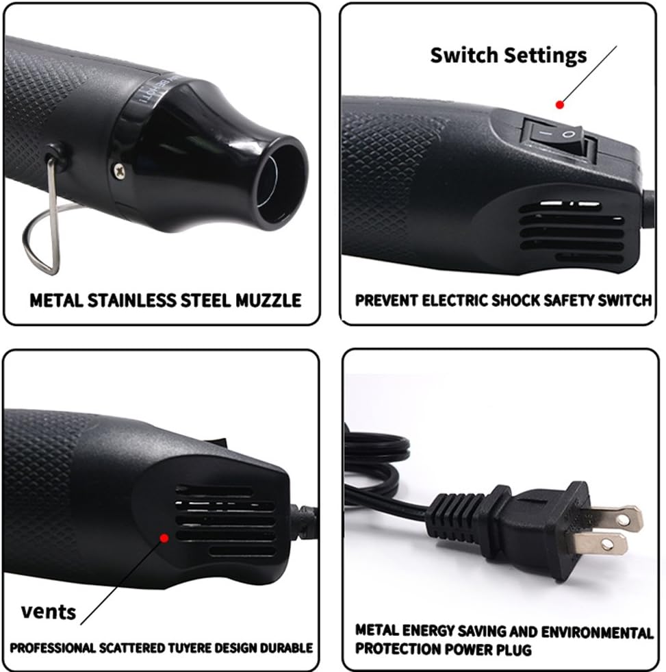 Heat Gun,mofa Hot Air Gun Tools Shrink Gun with Stand For DIY Embossing And Drying Paint Multi-Purpose Electric Heating Nozzle 300W 110V (Black,Black)