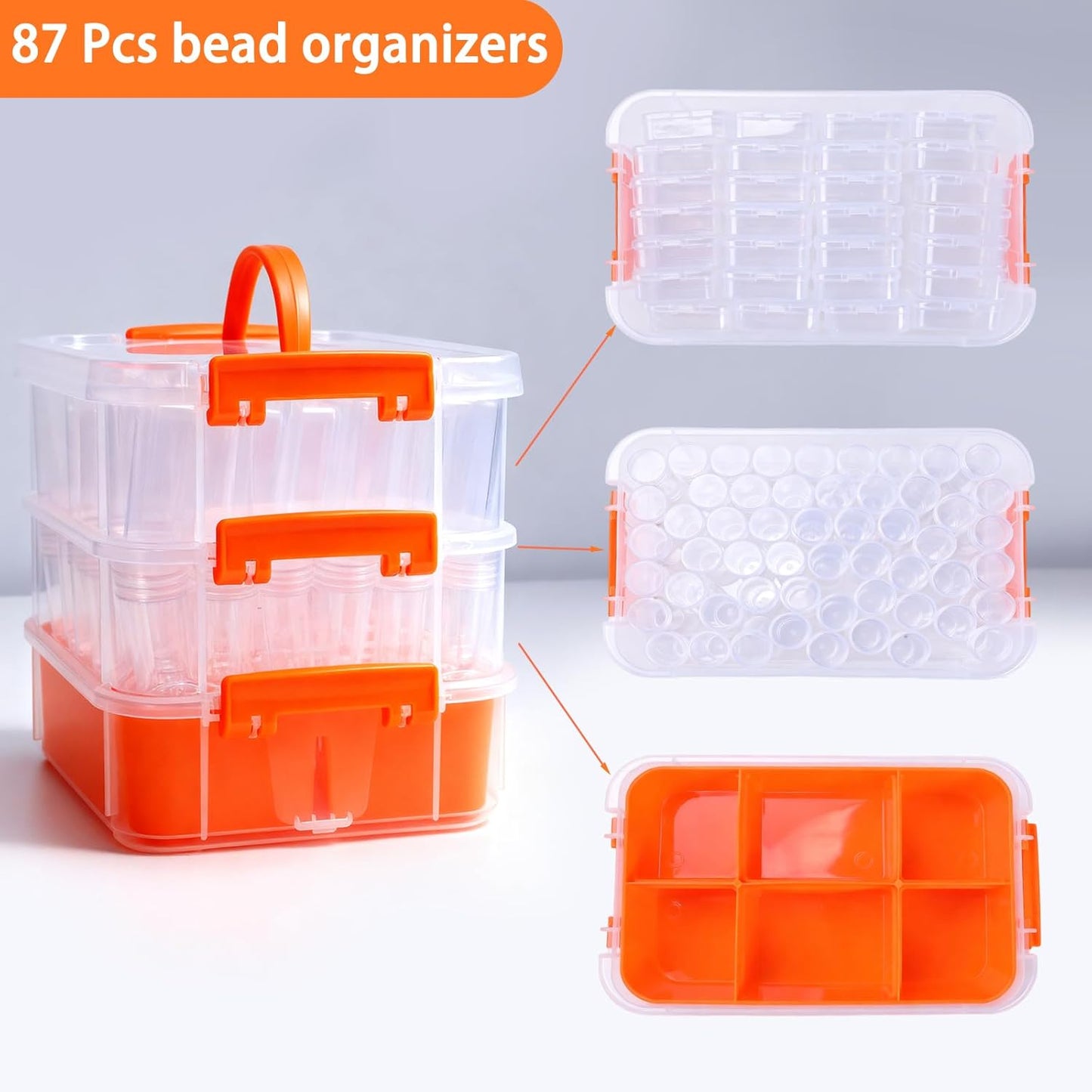 Bead Organizers 3-Tier Stackable Storage Container Box 87 Pcs Diamond Art Storage Plastic Storage Cases Mini Clear Bead Storage Containers for Bracelet Making DIY Jewelry Craft Nail Transparent Boxes