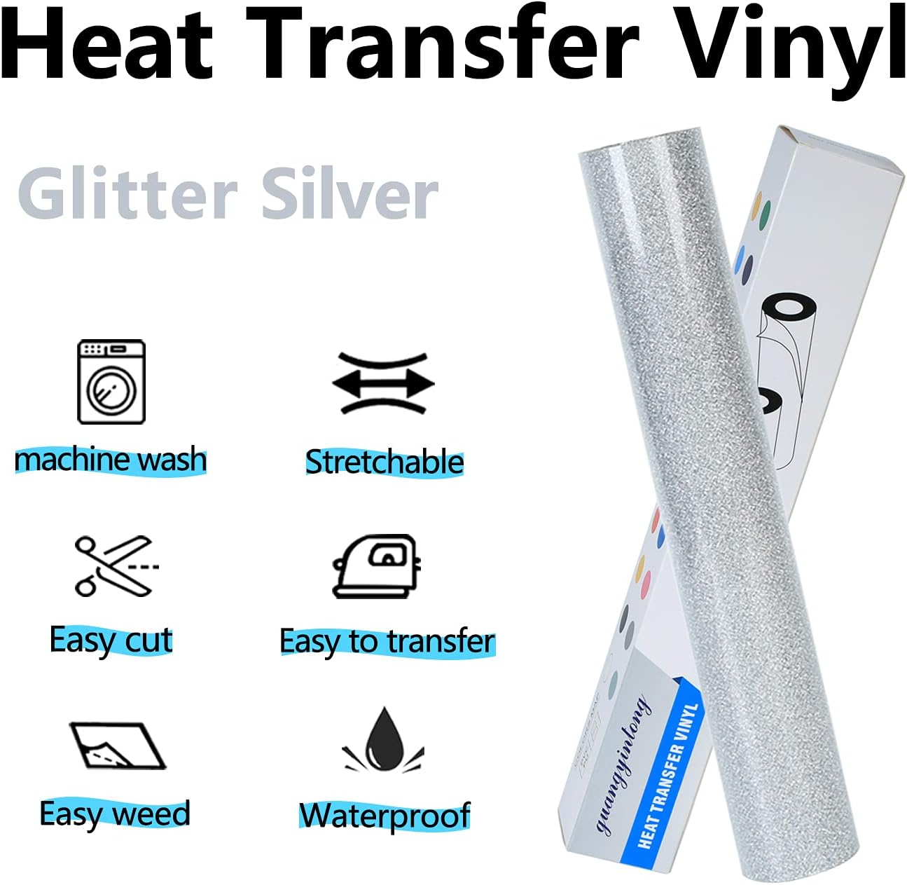 guangyintong Glitter Silver Heat Transfer Vinyl HTV Rolls, 12" x 8ft Iron on Vinyl for T-Shirts Glitter Silver HTV Vinyl for All Cutter Machines Easy to Cut & Weed for Heat Vinyl Design