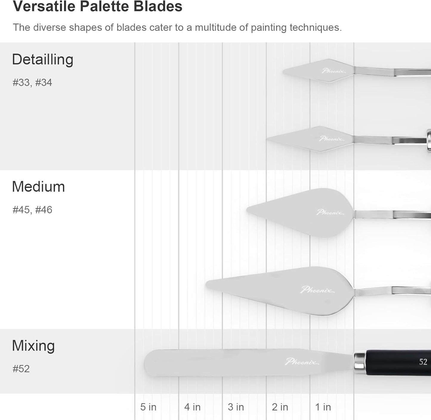 PHOENIX High Flexible Palette Knife Set, 5 Pieces Stainless Steel Painting Knives (33,34,45,46,52) Art Knife with Wood Handle, Paint Spatula for Oil Acrylic Paint - Painting Tools for Artists