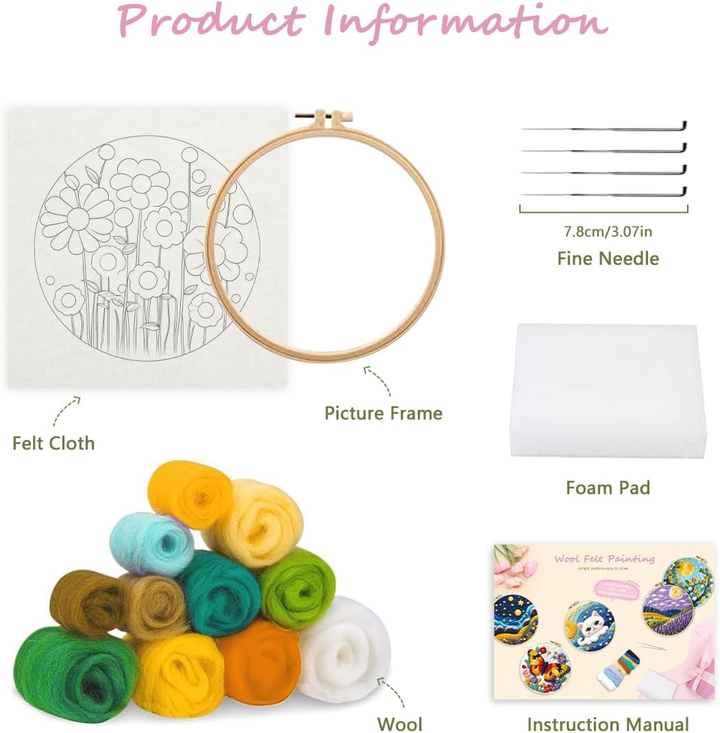 yesJRL Needle Felting Kits Beginners, Natural Landscape DIY Wool Needle Felting Starter Kit, Floral Needle Felt Set with Foam Pad, Felt Cloth and Instructions, Used for Home Decoration (Pink)