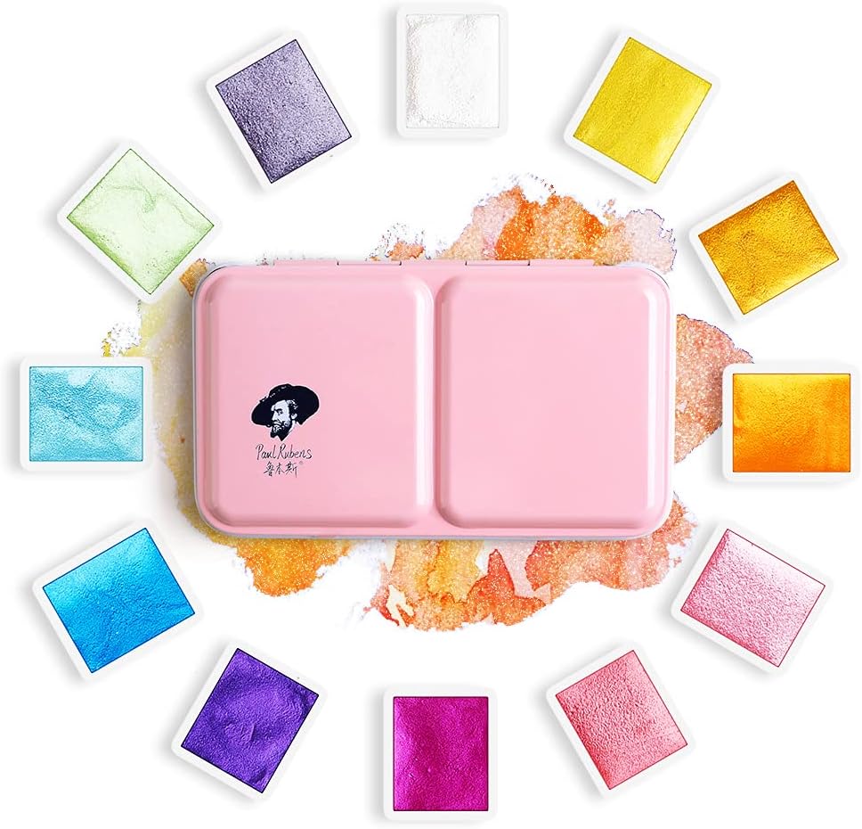 Paul Rubens Watercolor Paint, 12 Assorted Colors with Glitter Sparkle Effect, Professional Grade for Aritsts Adults Begginners, Portable and Compact Art Supplies