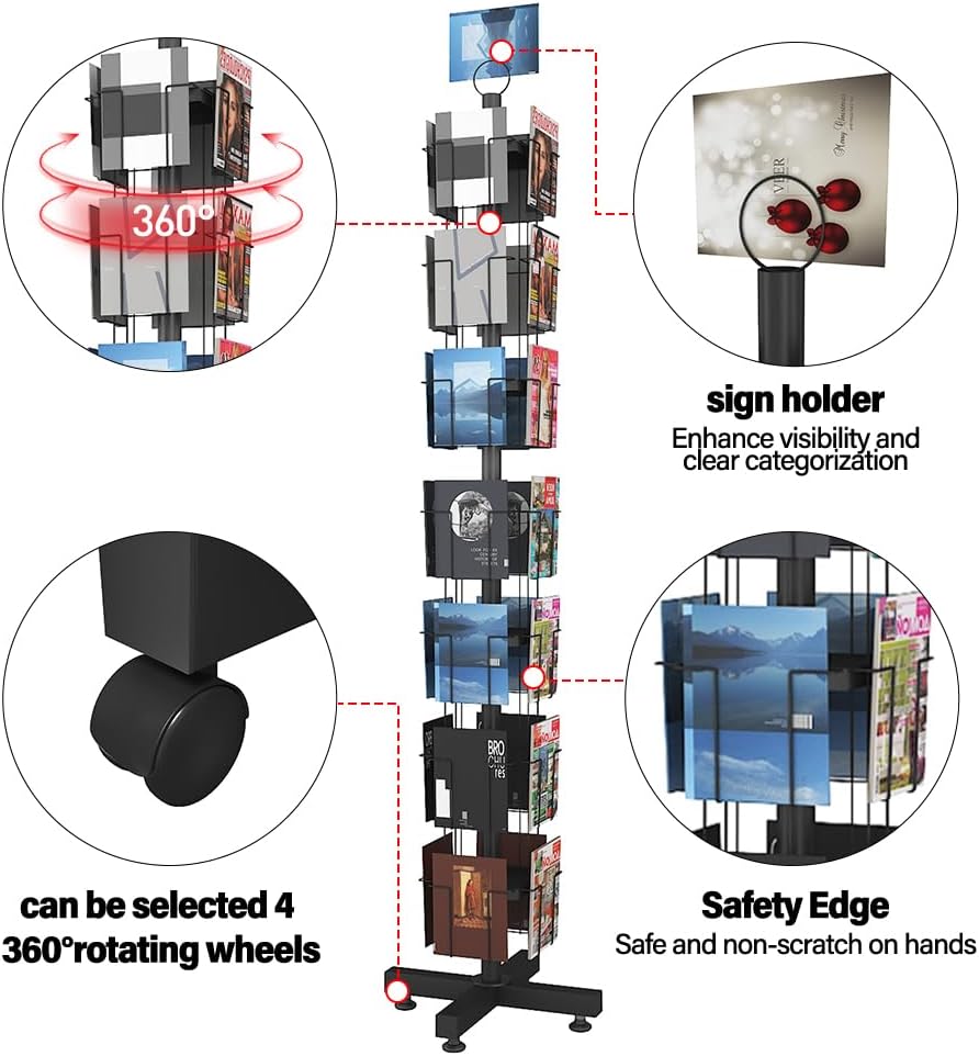 28 Pockets Countertop Rotating Greeting Card Rack, 7 Tier magazine Display Stand Rotating magazine rack for Postcards, Brochures, and Greeting Card